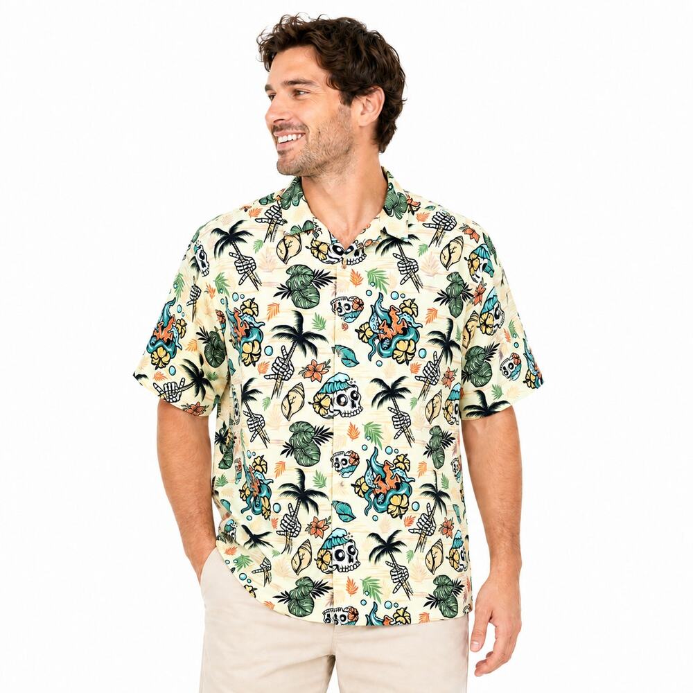 Yiume Men's Tropical Wilderness Skull Hawaiian Button Front Shirt
